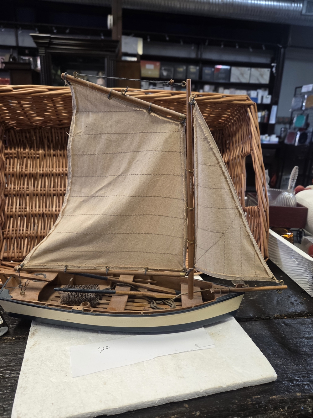 VINTAGE BAY FISHERMAN  HANDCRAFTED Canvas Sailboat  with Wooden Hull -14x13 Inch